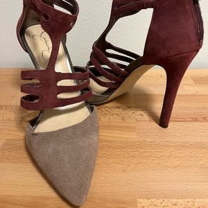 Jessica Simpson maroon and tan suede heels